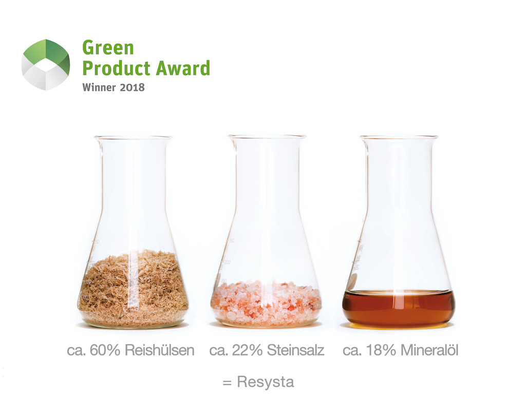 Materias primas de Resysta: cáscara de arroz, sal común y aceite mineral