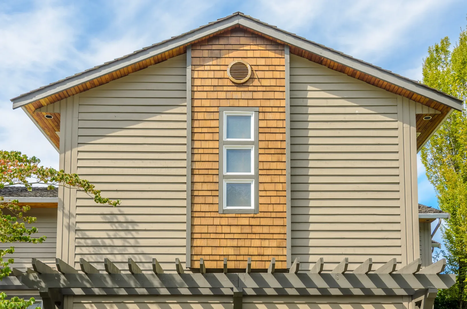 Composite siding on a house exterior with wood-like textures