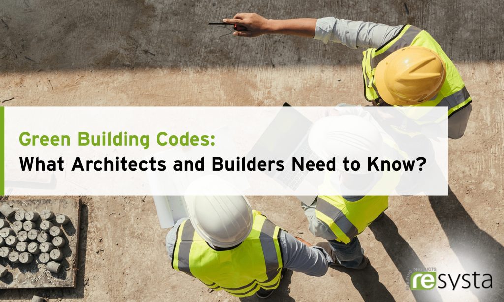 Two contractors in hard hats, with a text overlay on green building codes for architects and builders