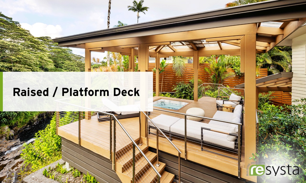 Raised/ platform backyard deck with built-in pool, seating, and pergola