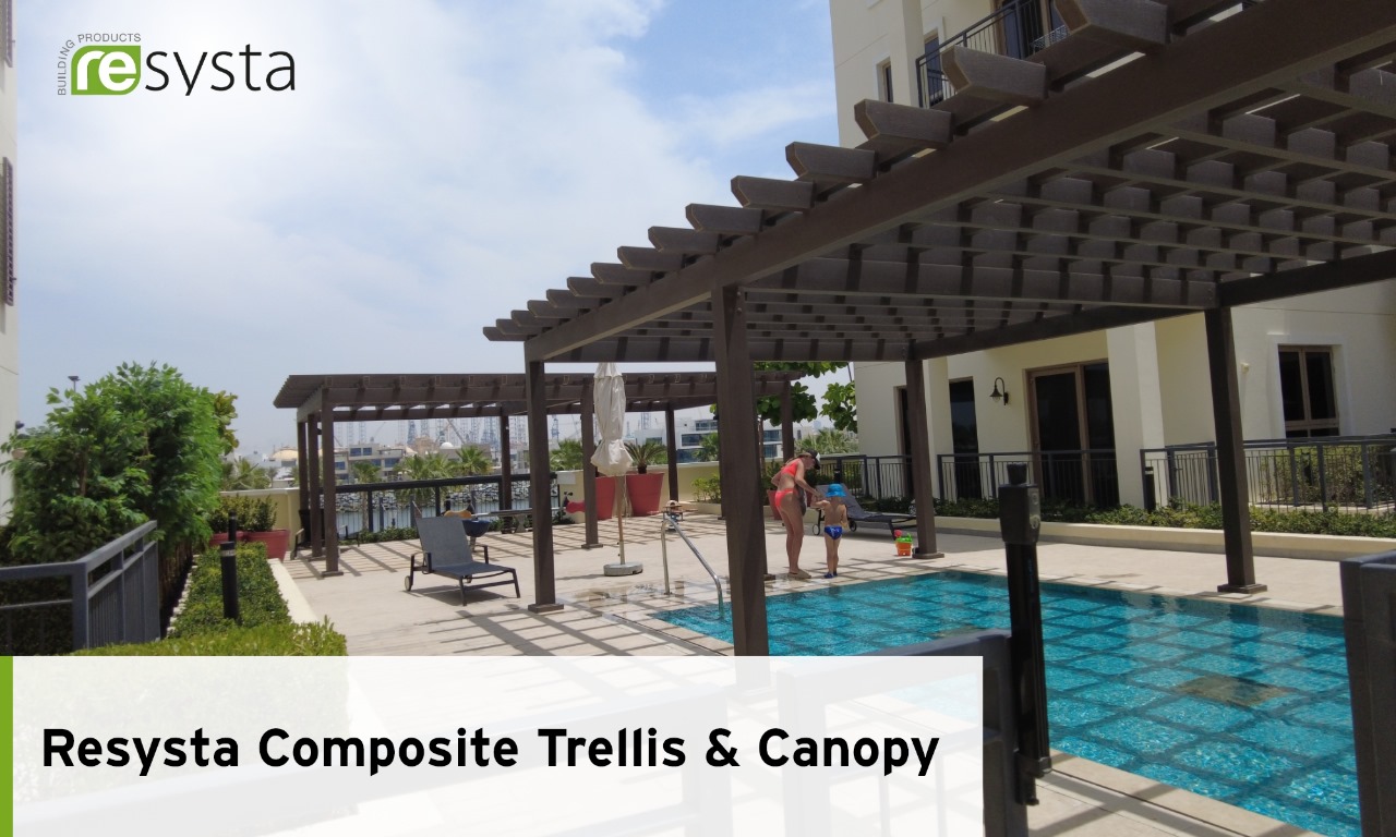 Poolside area featuring Resysta composite trellis and canopy in a stylish outdoor living space 