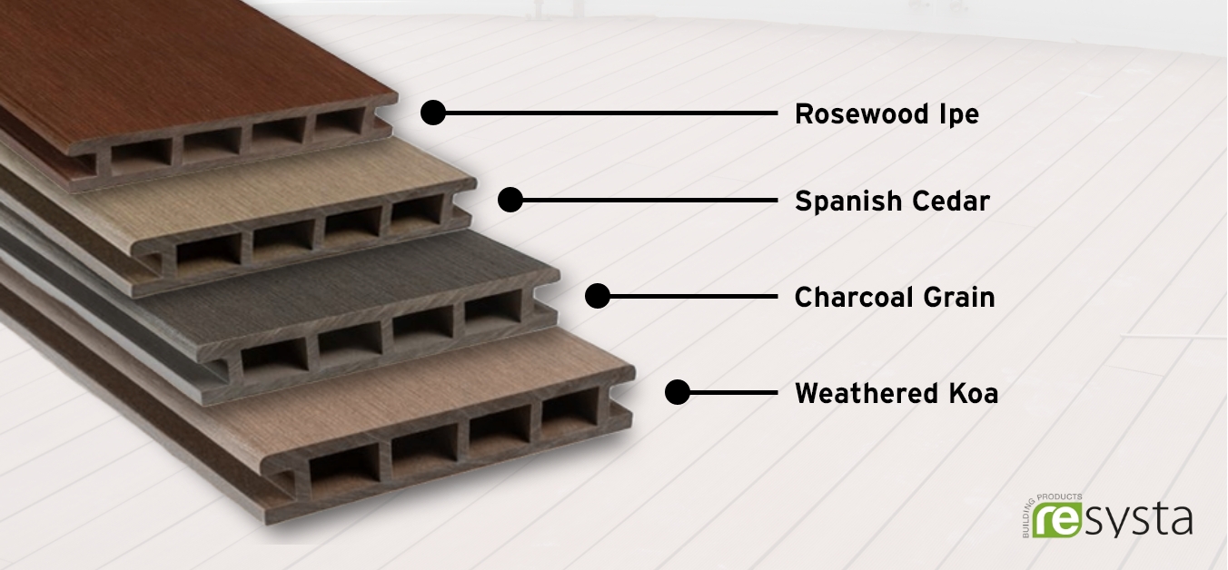 Resysta TruColor decking boards in four shades: Rosewood Ipe, Spanish Cedar, Charcoal Grain, and Weathered Koa